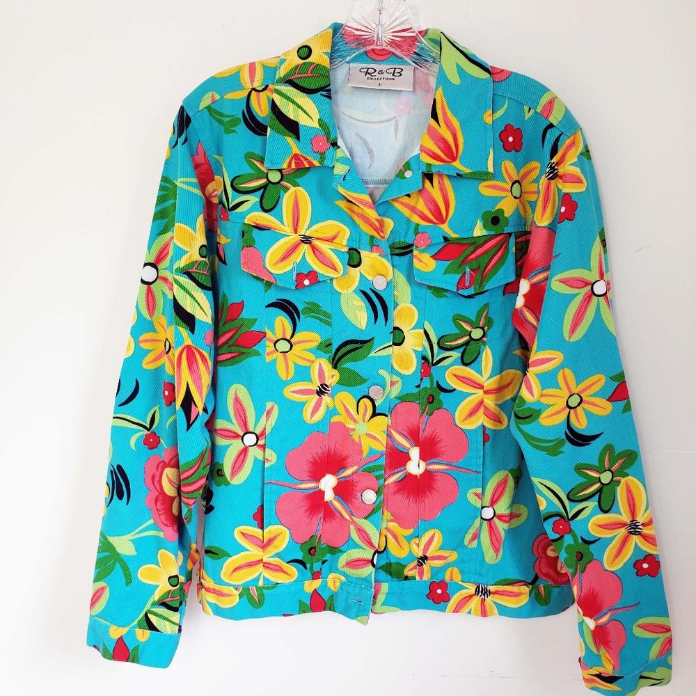 R & B Women's Turquoise Floral Button Down Blue Jean Denim Coat Jacket